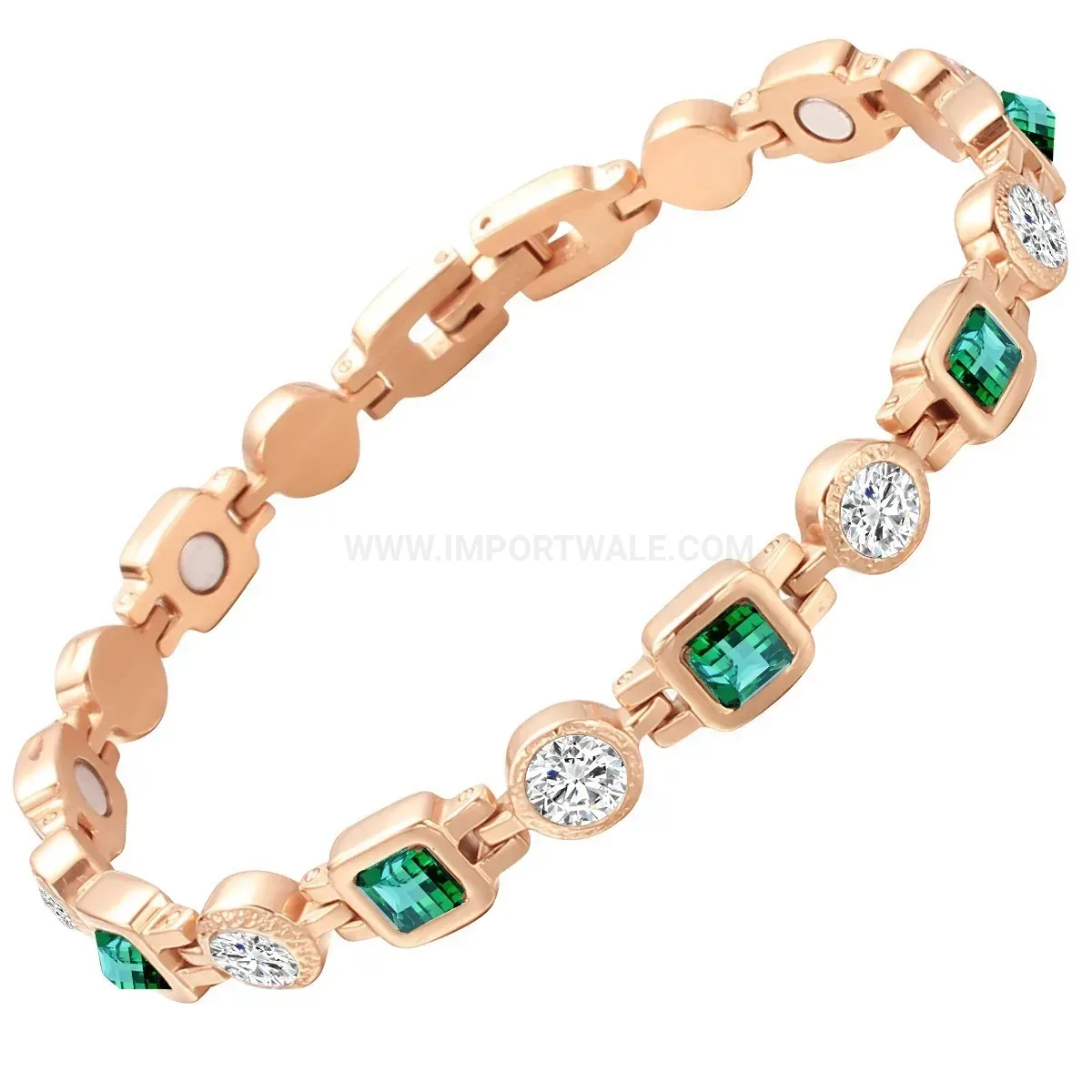 Stainless Steel Emerald Square Crystal Bio Magnetic Link Bracelet