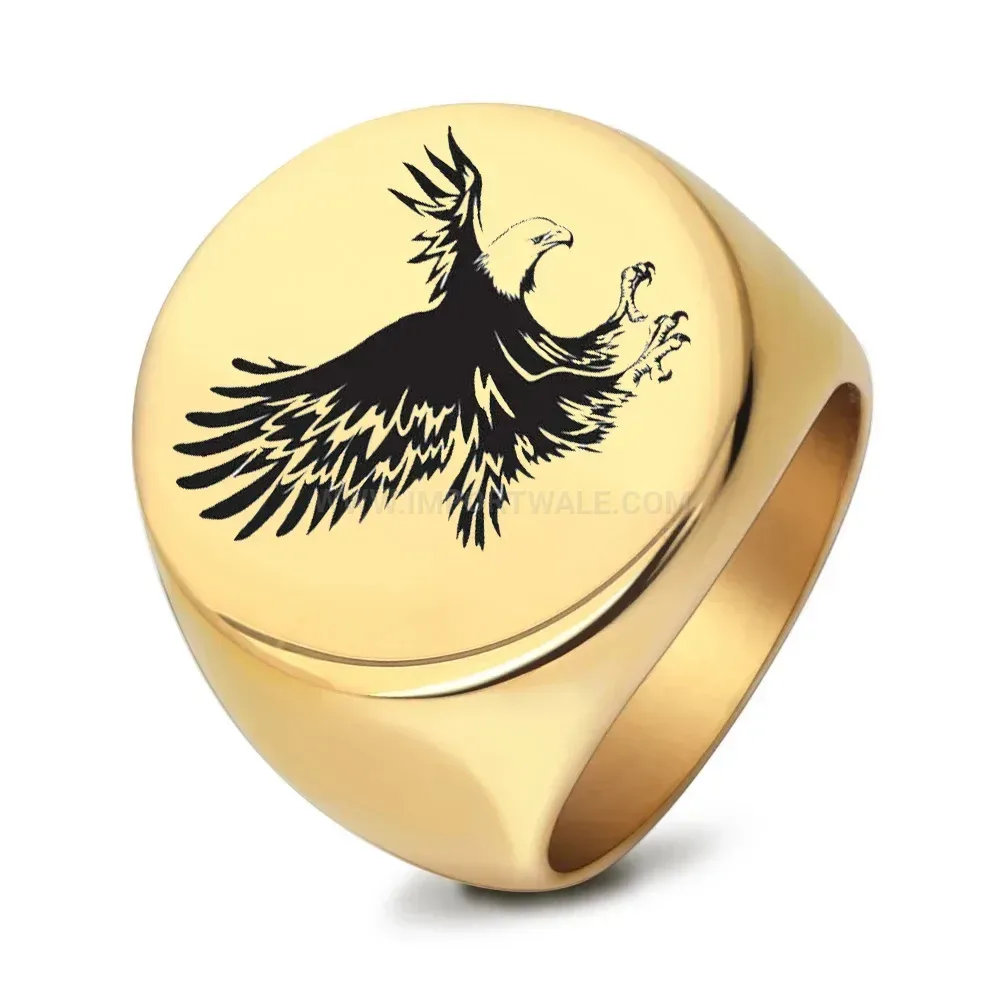 Classic Vintage Eagle Motif Engraved Stainless Steel Signet Ring