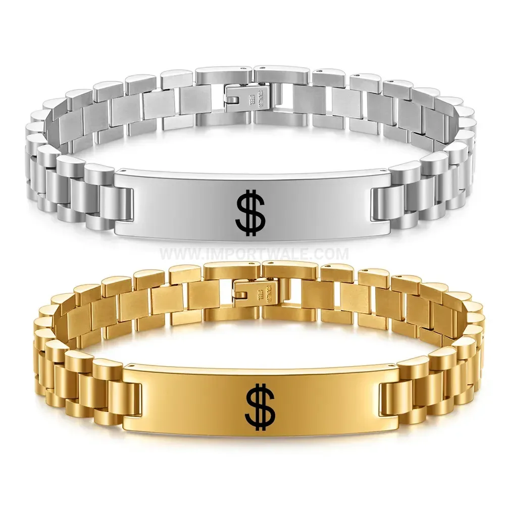 Men's Stainless Steel Laser Engraved Dollar Sign Watch Band Bracelet