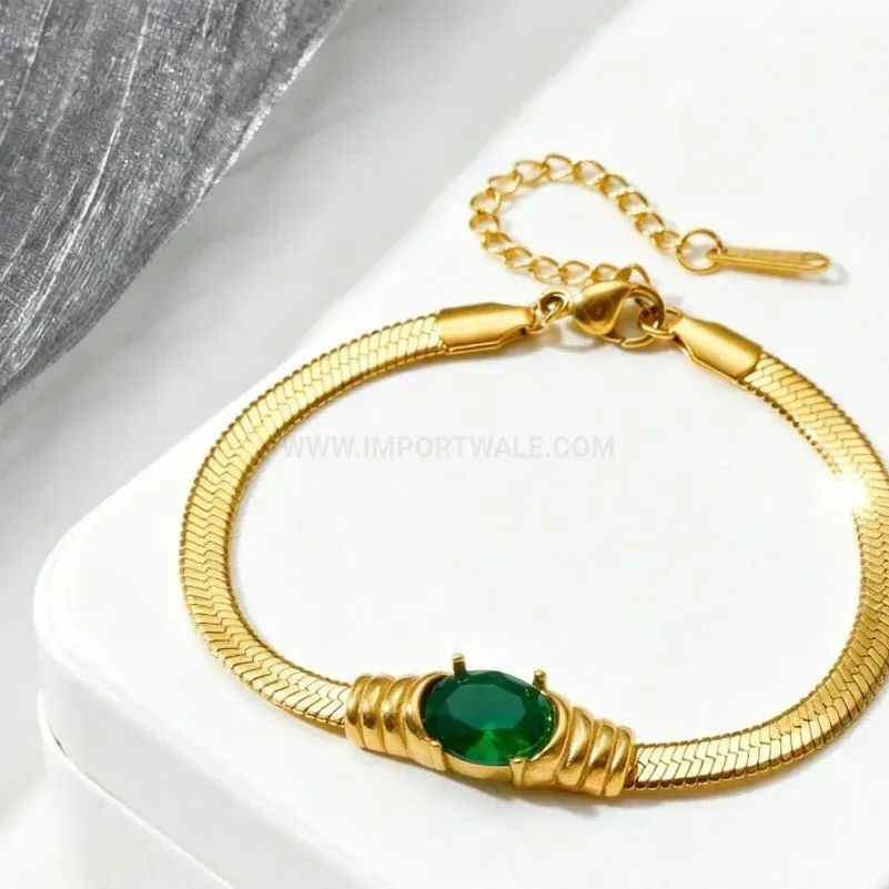Vintage Inlaid Zircon Glass Blade Chain Stainless Steel Bracelet