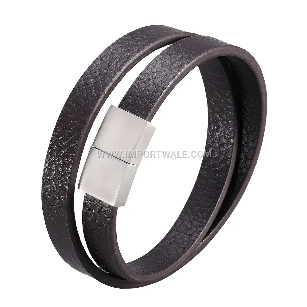 Double Wrap Braided Brown Leather Bracelet Stainless Steel Clasp