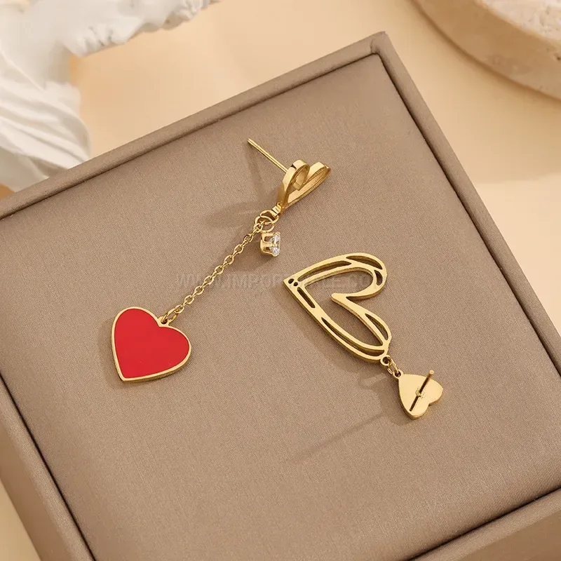 Elegant Asymmetric Cutout Red Heart Titanium Steel Drop Earrings