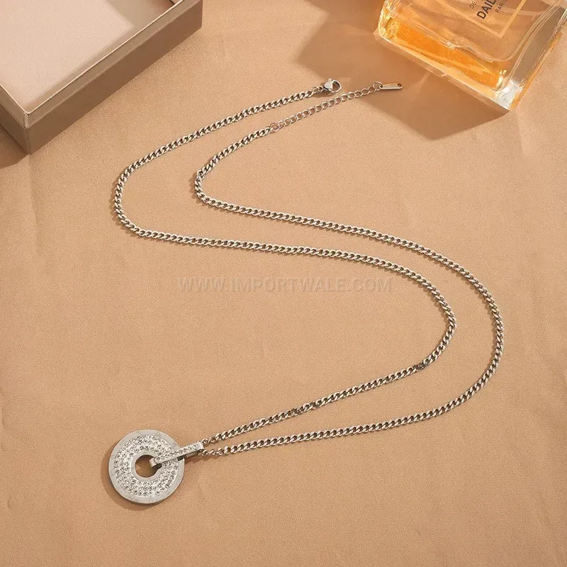 Chic Rhinestone Geometric Pendant Titanium Steel Long Sweater Chain