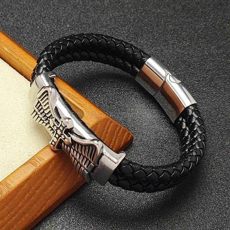 Designer Men's Stainless Steel Cross Wing Accent Two-Tone Leather Bracelet