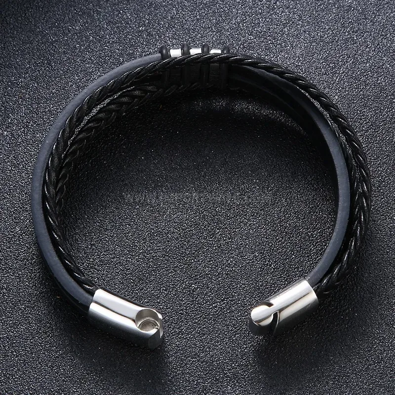 Black Leather Bracelet with Magnetic Stainless Steel Clasp Closure