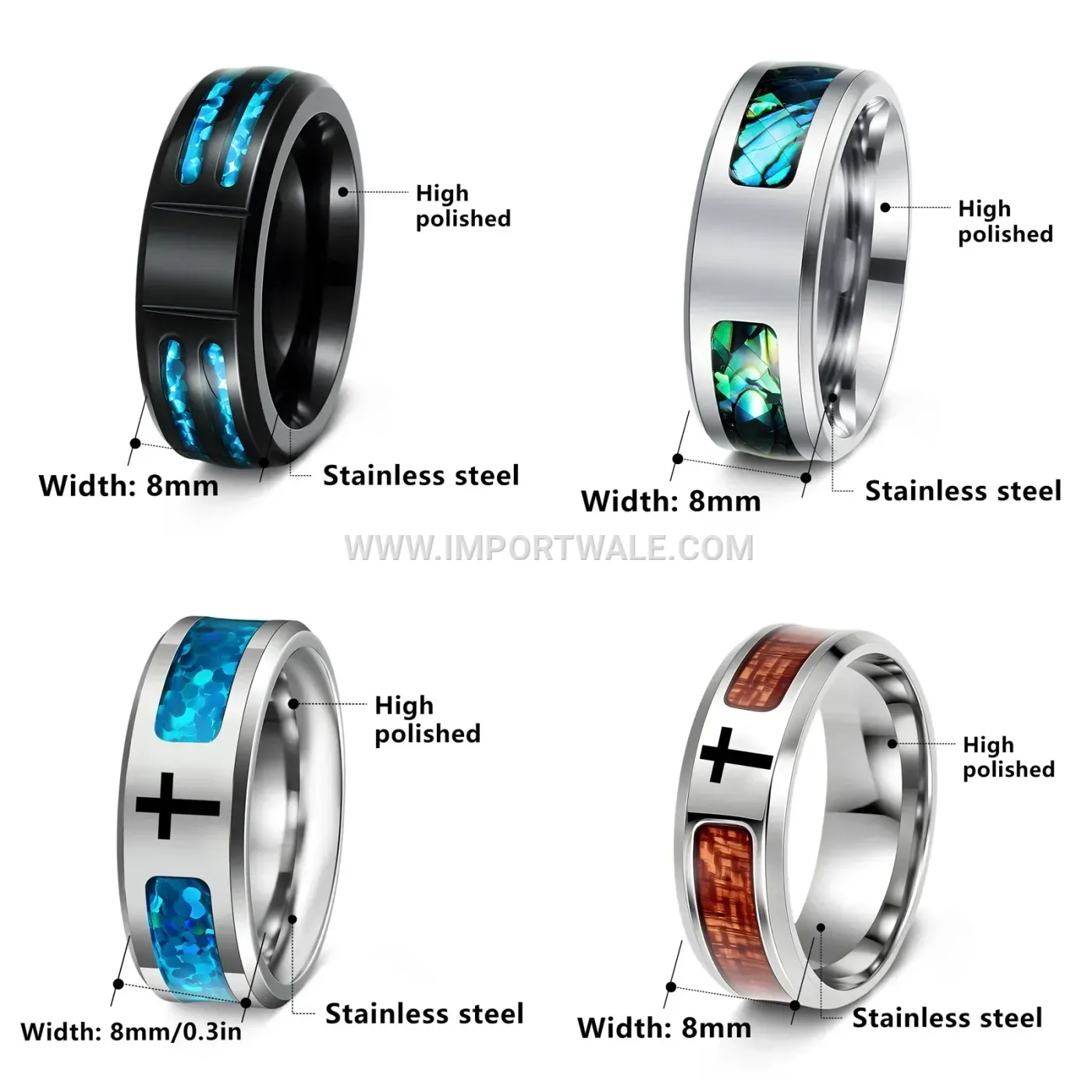 Men Cross Detail Opal Stainless Steel Band Ring