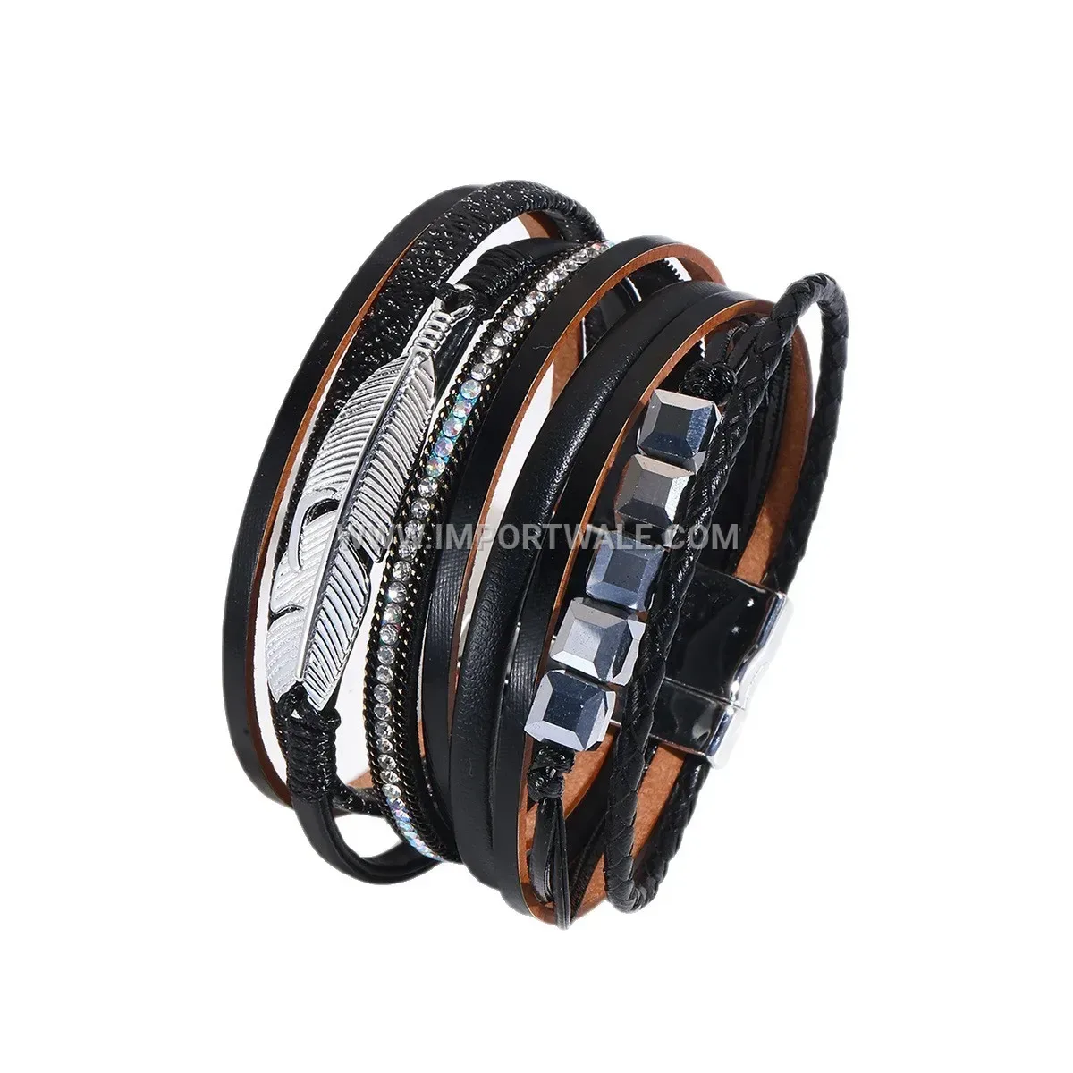 Bohemian Multi-Layer Wide Leather Feather Bracelet