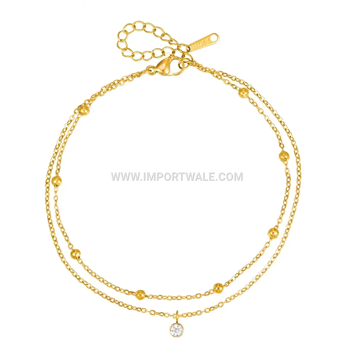 Gold Plated Stainless Steel Layered Solitaire Crystal Anklet