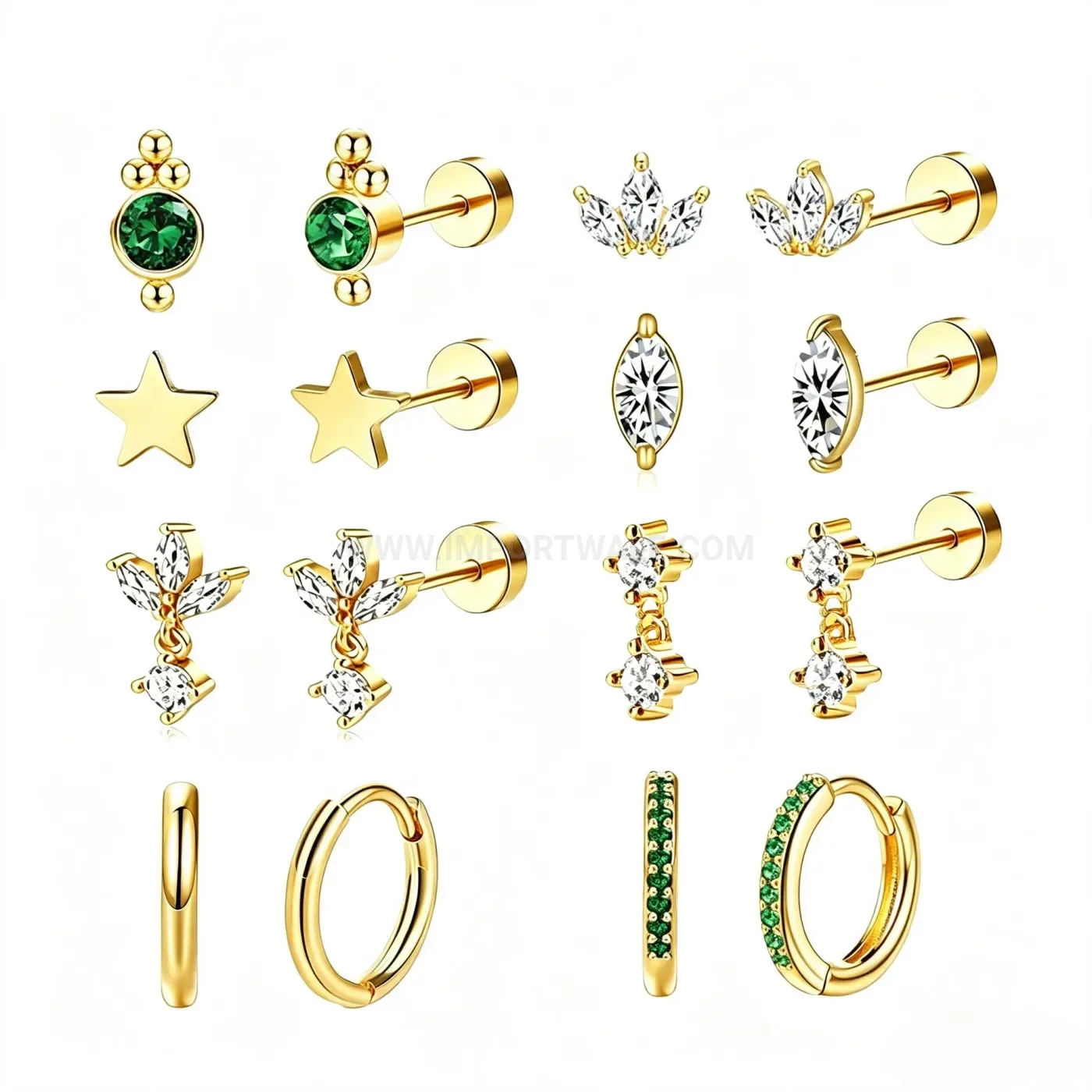 Premium Stainless Steel Green Stone Leaf Star Huggie Earring Set
