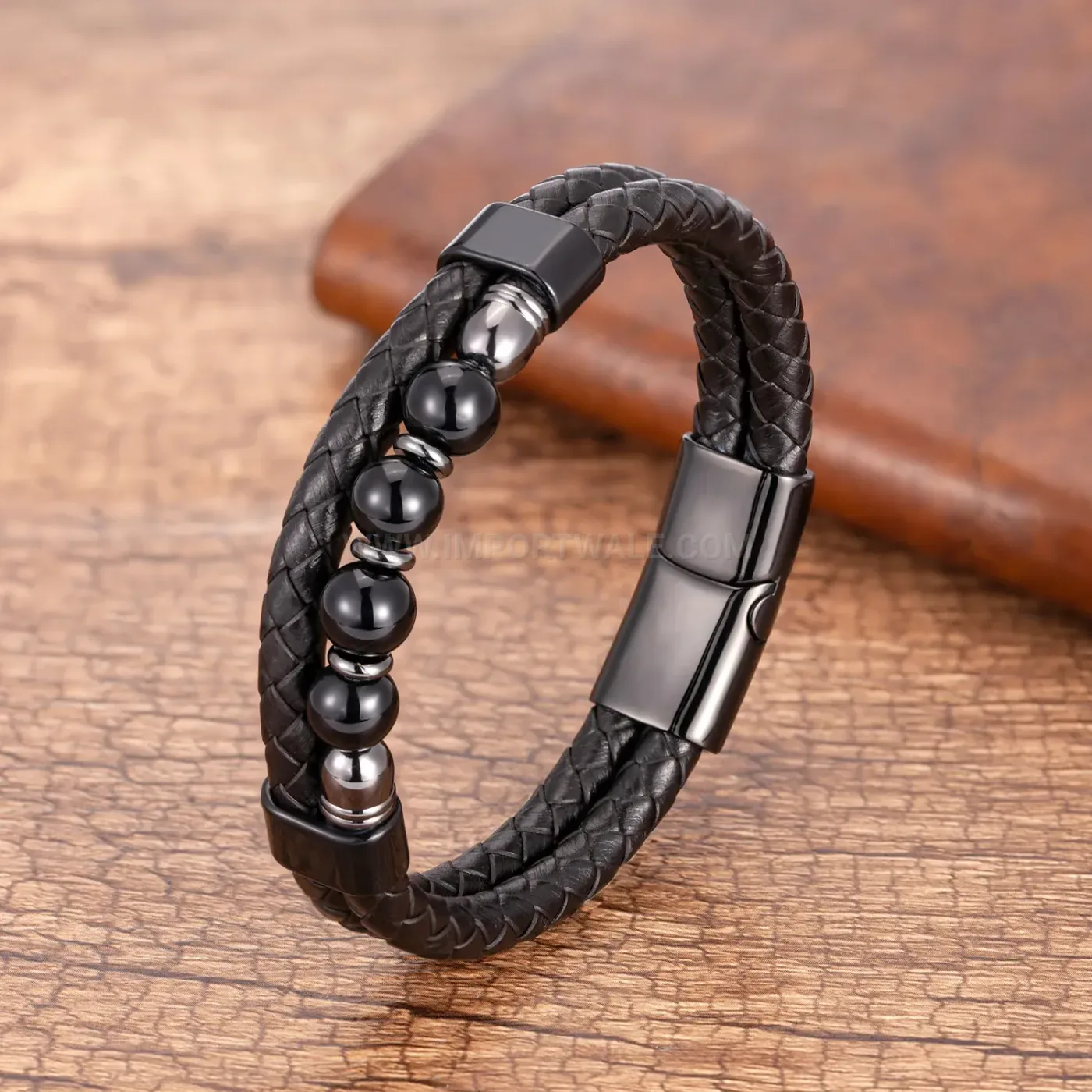 Dual Layer Stone and Braided Leather Bracelet with Clasp