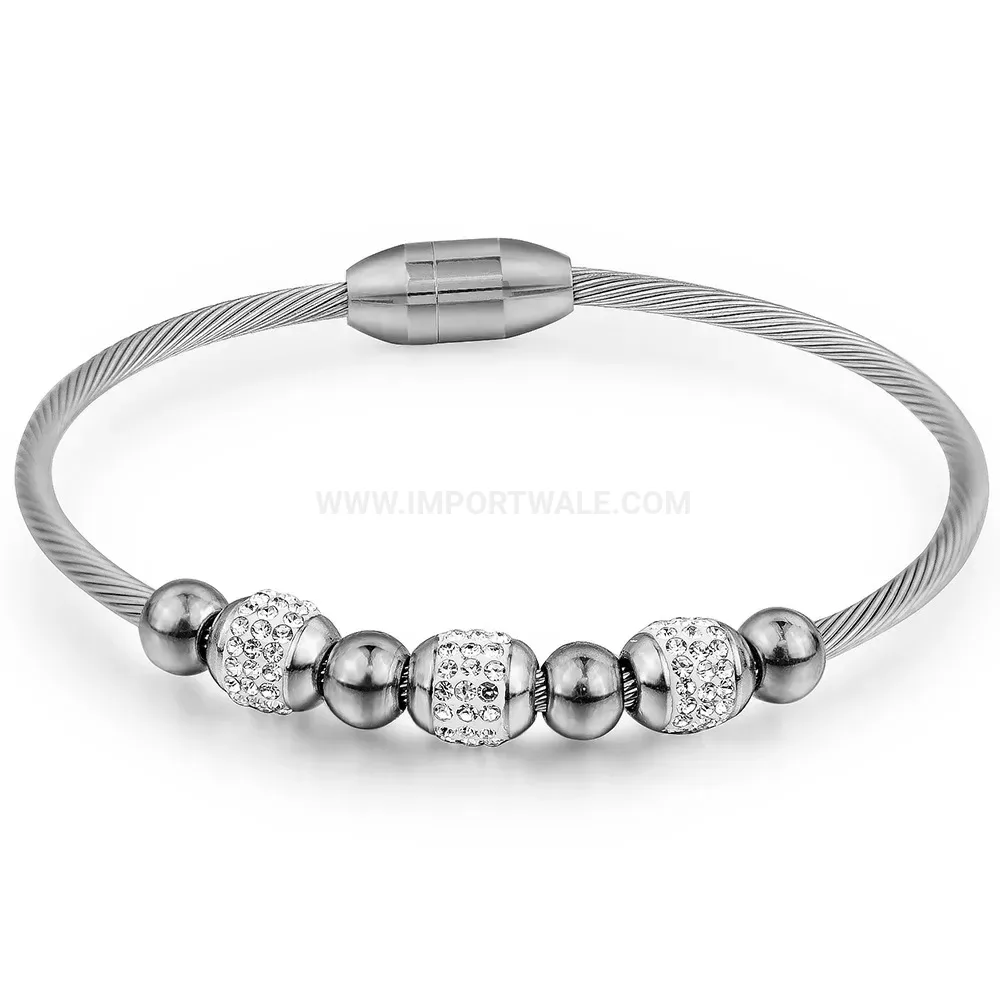 Chic Rhinestone Symmetrical Bead Magnetic Clasp Stainless Steel Bangle