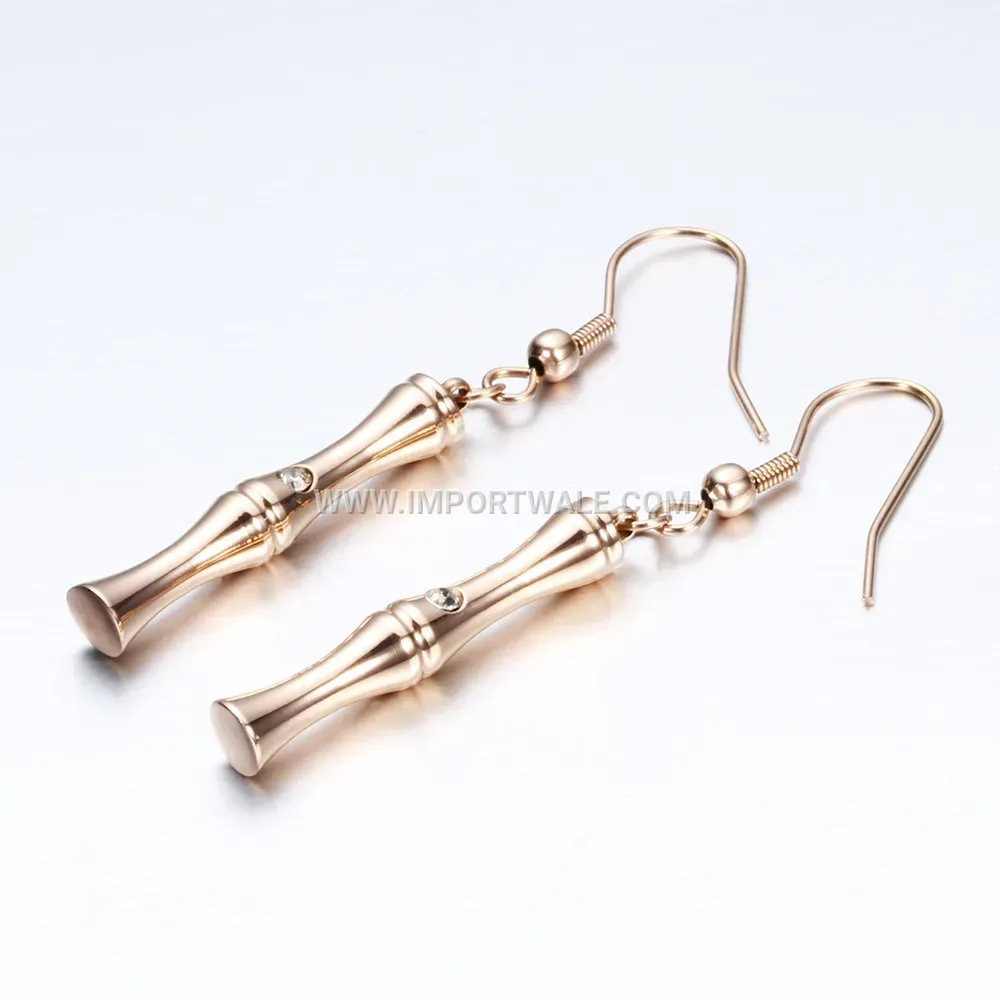 Rose Gold Stainless Steel Bamboo Motif Crystal Stud Earrings