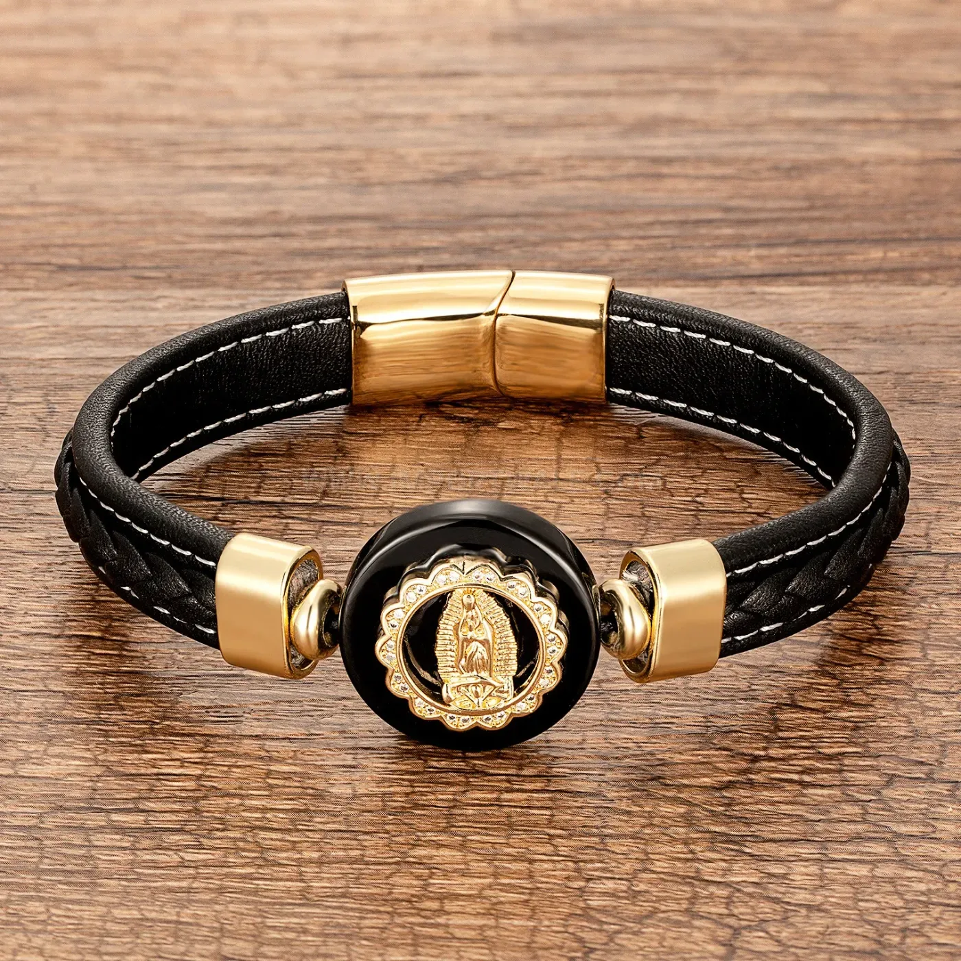 Vintage Gold Stainless Steel Woven Leather Stone Bracelet
