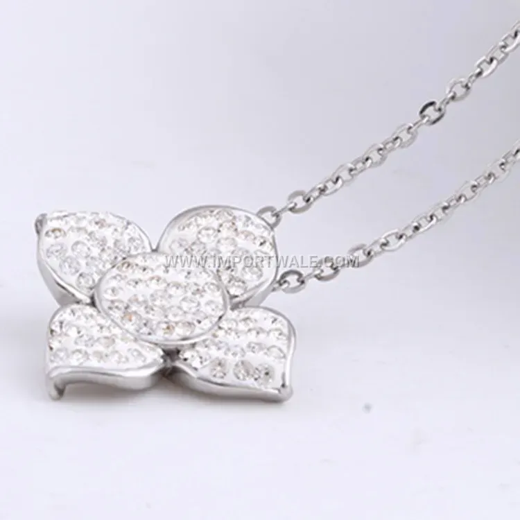 Rhinestone Floral Motif Stainless Steel Minimalist Pendant Necklace