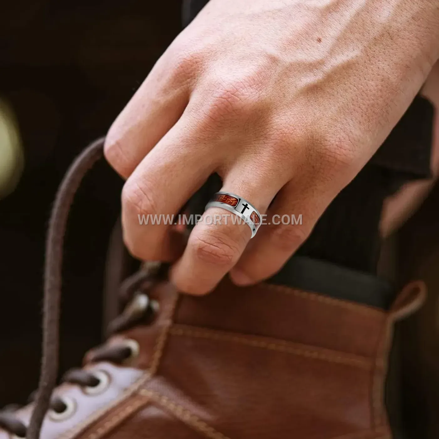 Stainless Steel Wood Grain Inlay Band Ring with Symbol Detailing