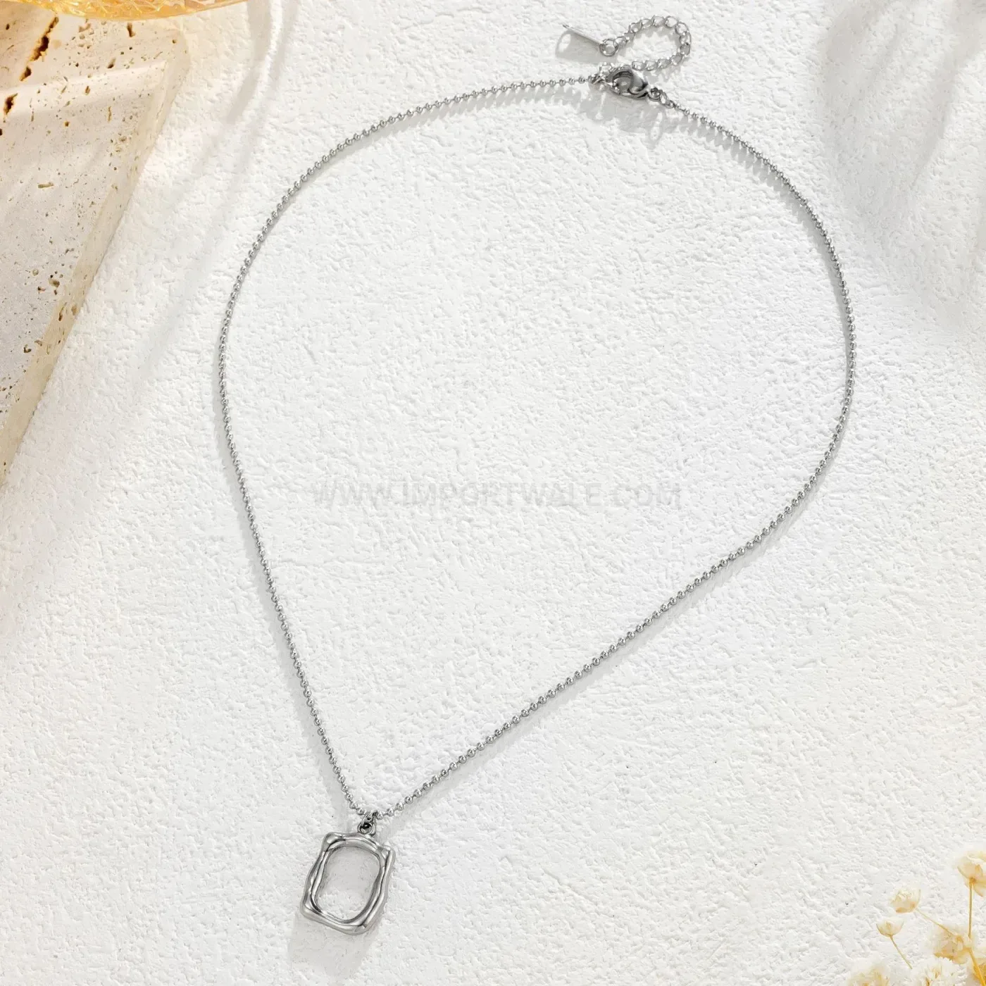 Textured Hollow Rectangular Frame Stainless Steel Pendant Necklace