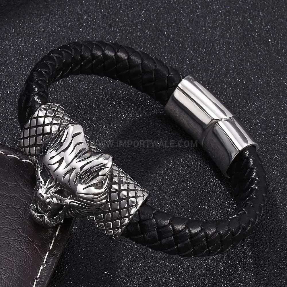Designer Beast Motif Stainless Steel Magnetic Leather Wristband