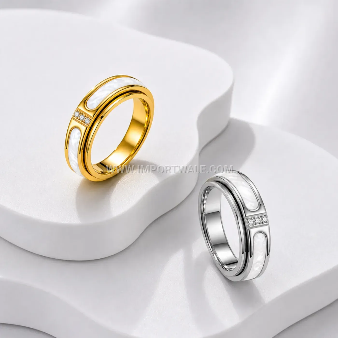 Rotating White Shell Accent Stainless Steel Band Ring