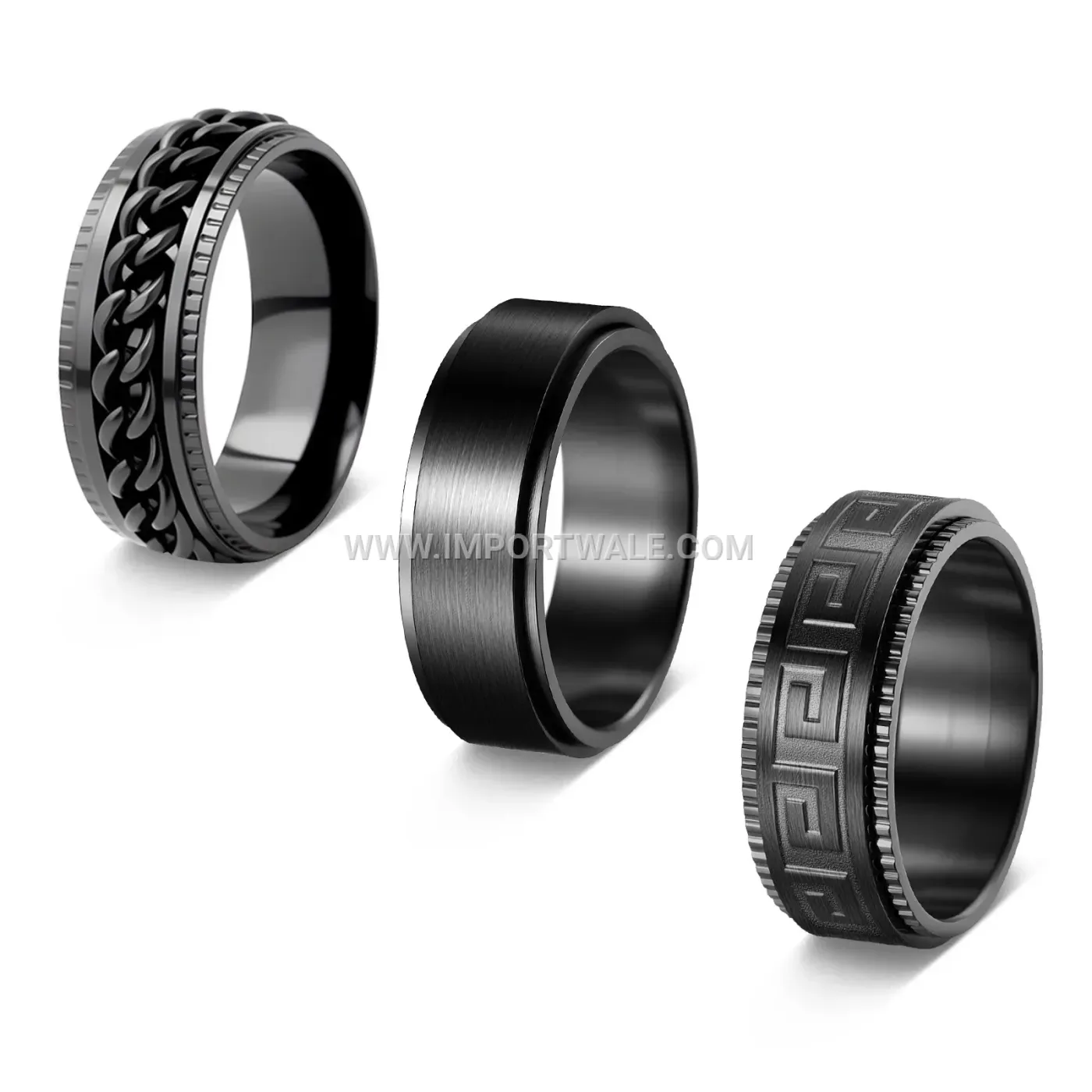 Men's Black Stainless Steel Rotating Chain Spinner Ring Set
