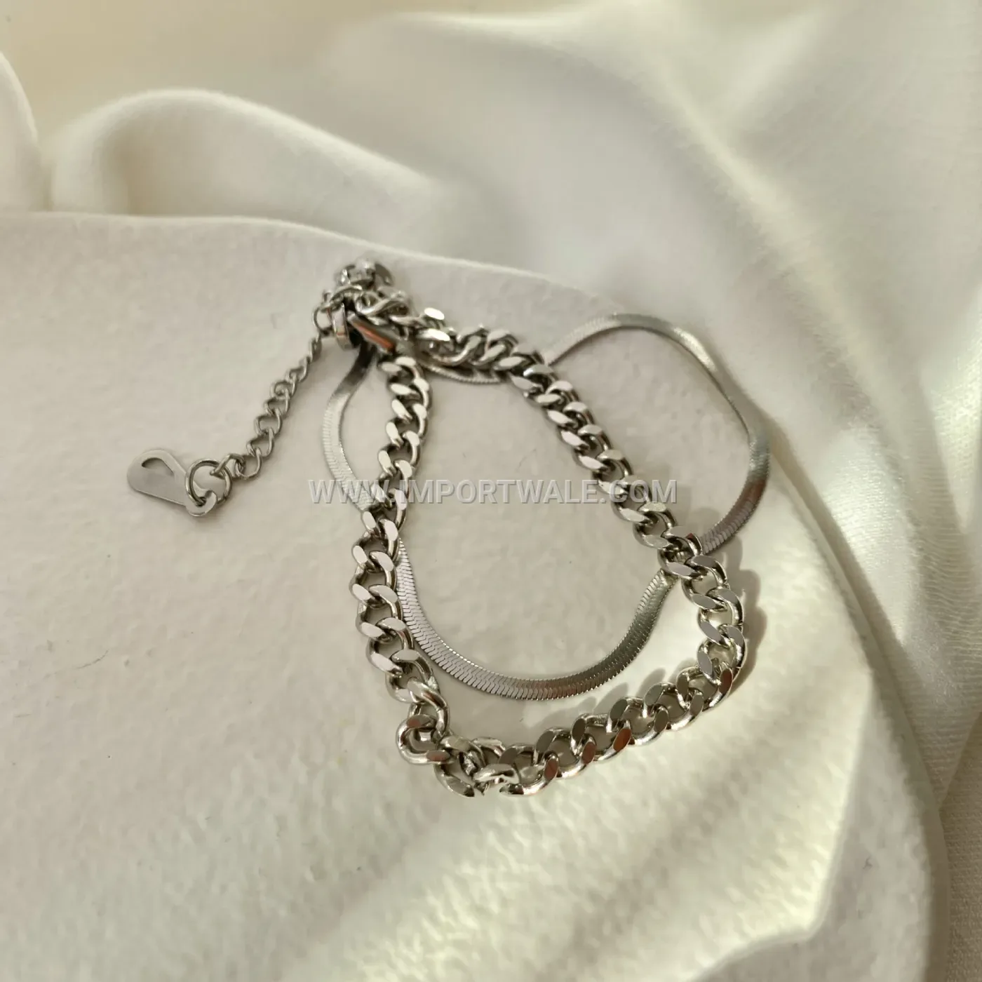 Layered Cuban and Flat Snake Chain Stainless Steel Bracelet