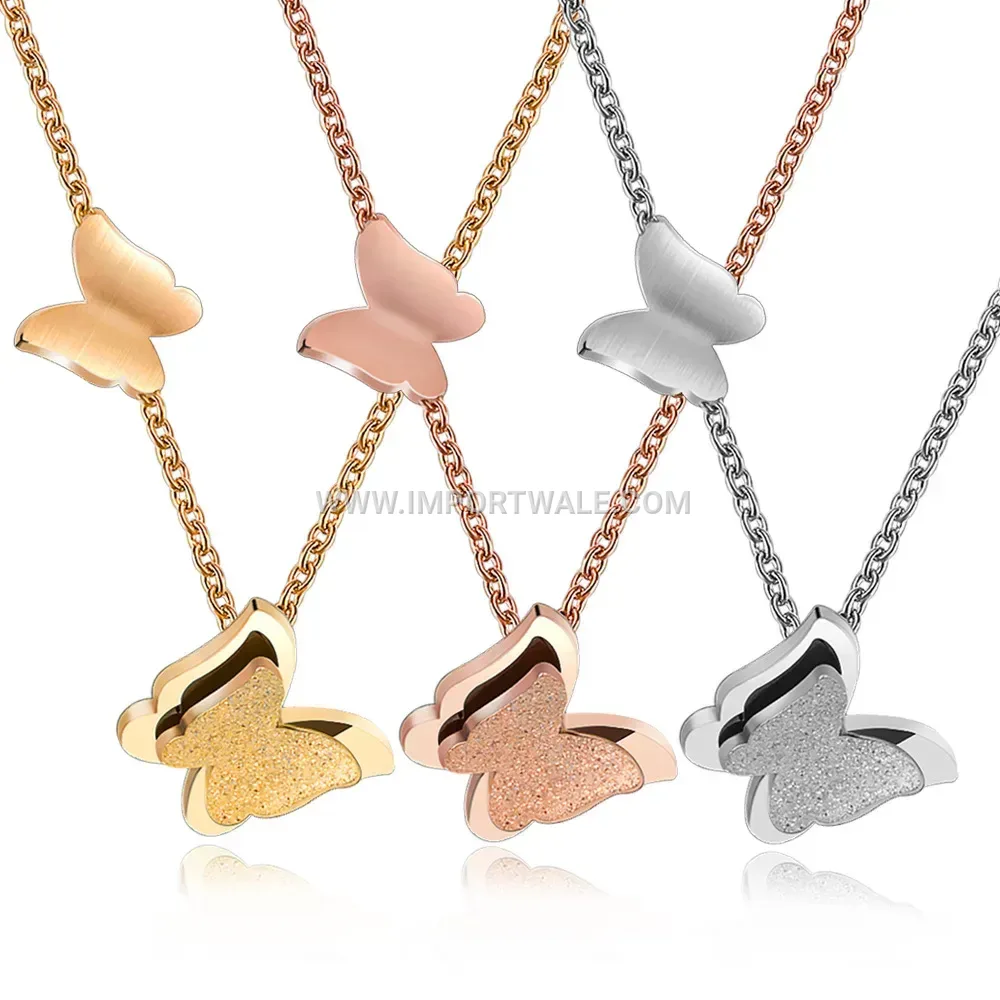 Delicate Stainless Steel Butterfly Pendant Layered Charm Necklace