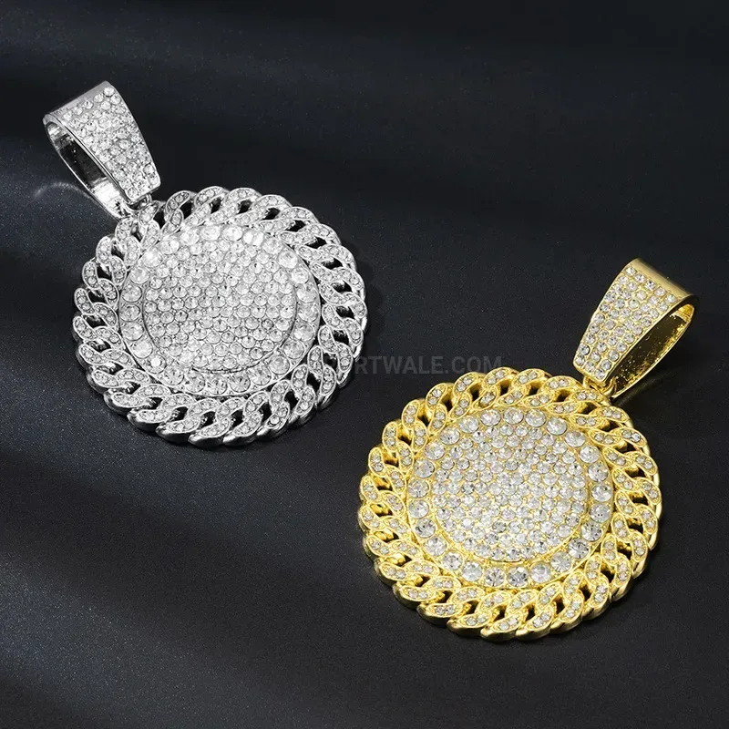 Designer Rhinestone Round Disc Medallion Pendant for Heavy Chain