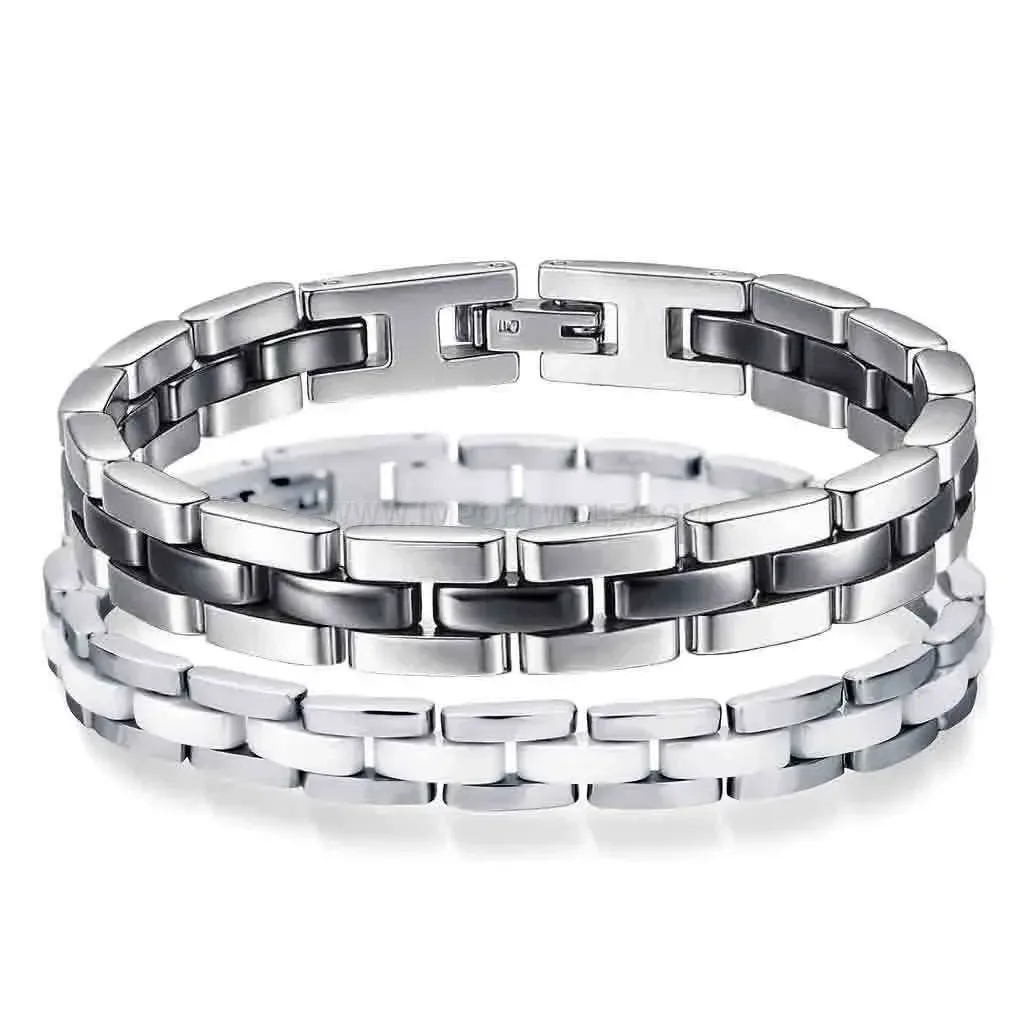 Stainless Steel and Ceramic Black White Geometric Link Chain Bracelet