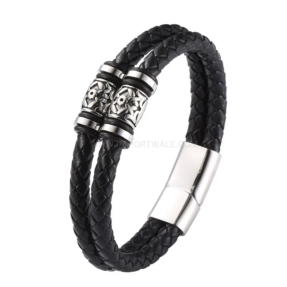 Multi Layer Woven Leather Stainless Steel Mens Bracelet