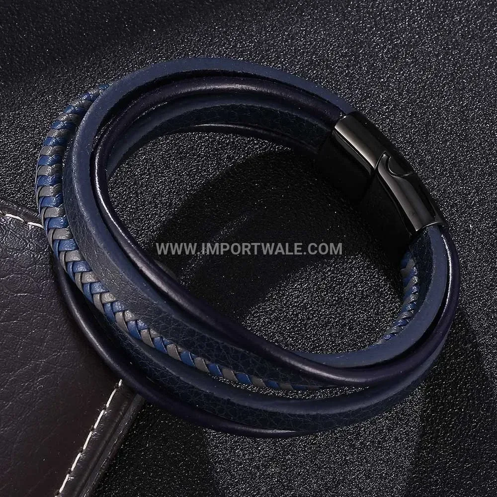 Handwoven Blue and Grey Leather Steel Bracelet with Black Clasp