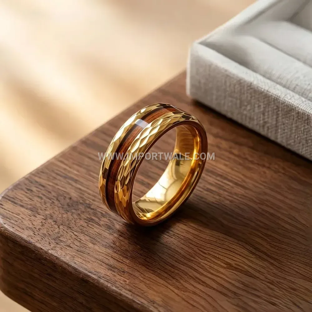 Geometric Engraved Wood Grain Inlay Stainless Steel Ring
