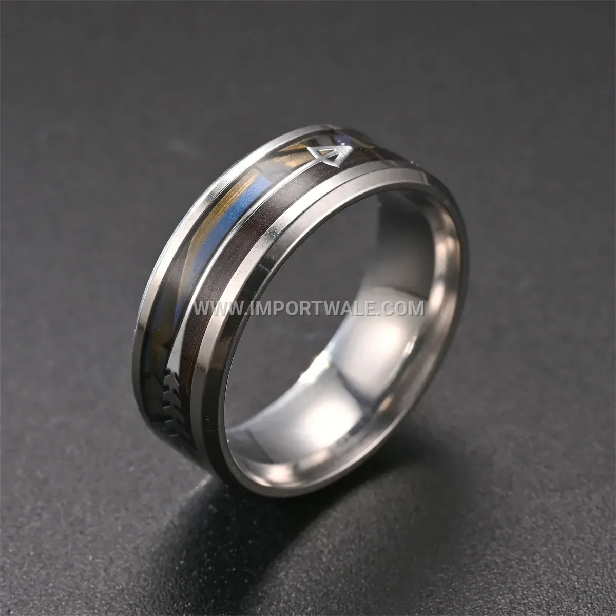 Stainless Steel Arrow Pattern Ring with Shell Inlay Detail