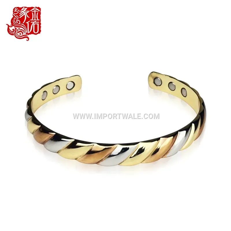 Tricolor Twisted Brass Open Cuff Magnetic Bracelet