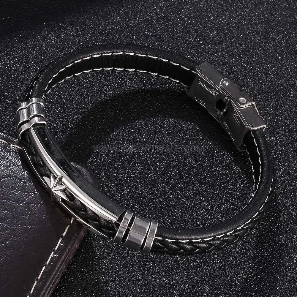 Trendy Woven Leather Stainless Steel Men Bracelet