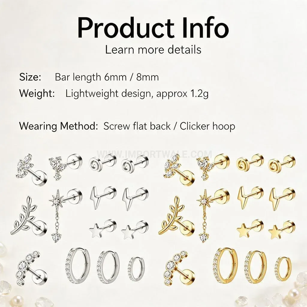 Designer Stainless Steel Lightning Stone Threaded Flat Back Ear Piercing Set