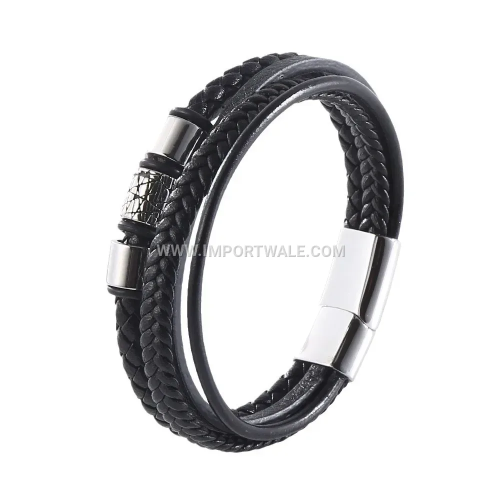 Woven Black Leather Men Bracelet with Stainless Steel Beads