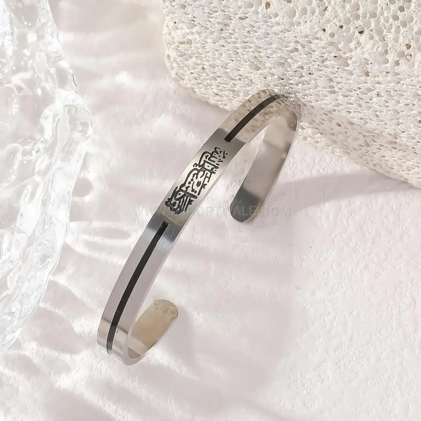 Stainless Steel Arabic Map Calligraphy Open Cuff Bracelet