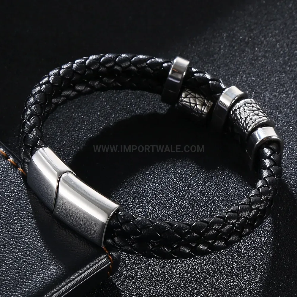 Woven Leather Cording Bracelet with Stainless Steel Magnetic Clasp