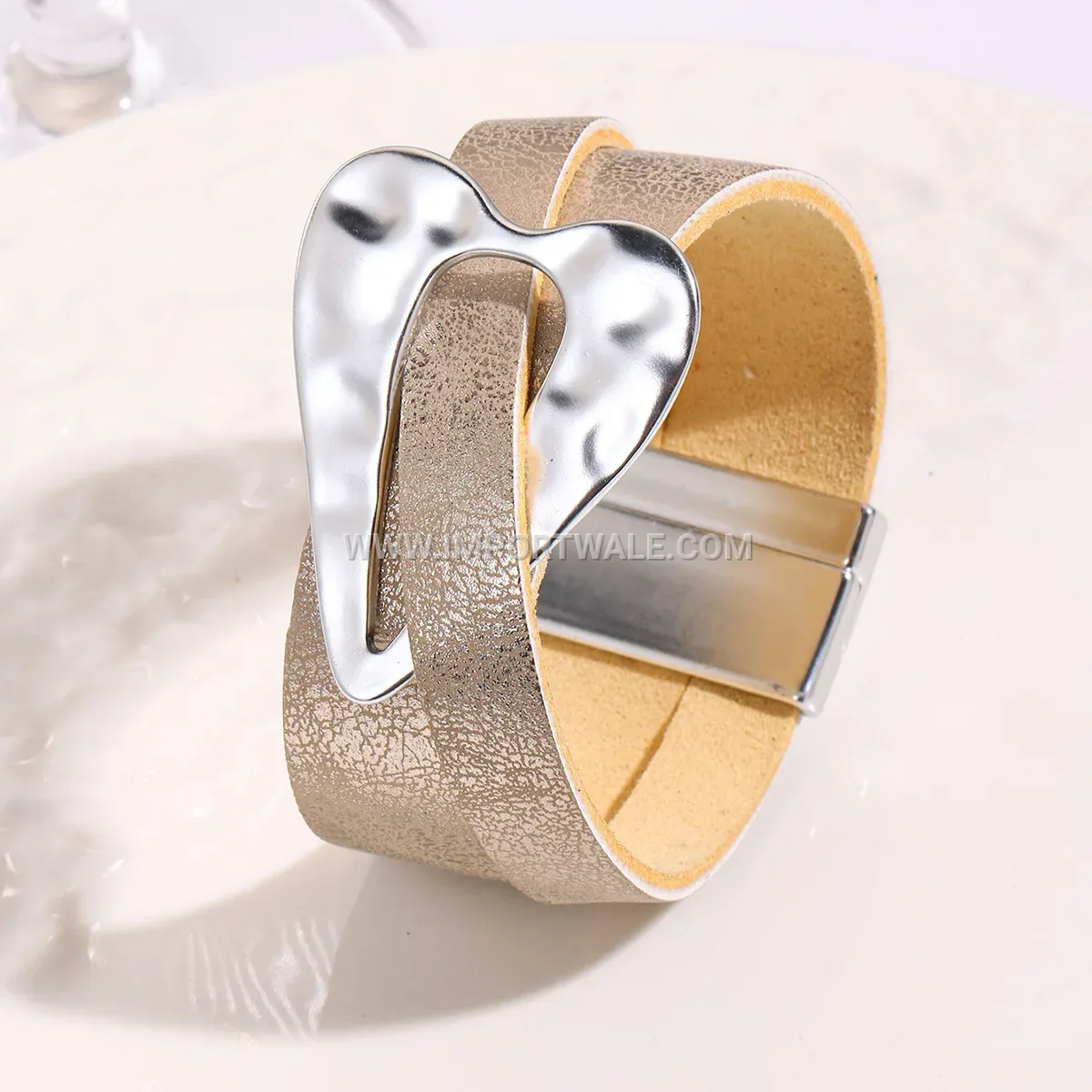 Statement Alloy Heart Charm Leather Cuff Bracelet