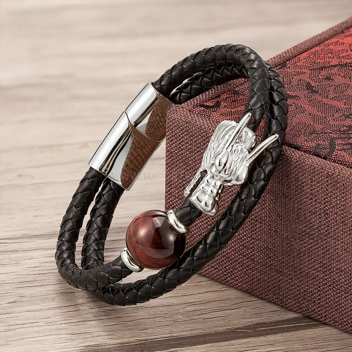 Dragon Head Double Strand Leather Stone Bracelet with Stainless Clasp