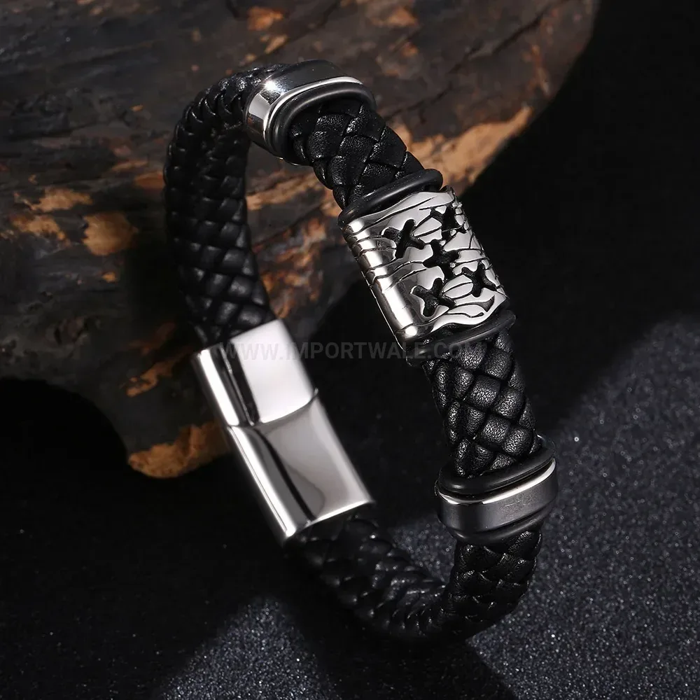Viking Style Beaded Leather Wristband with Steel Accents