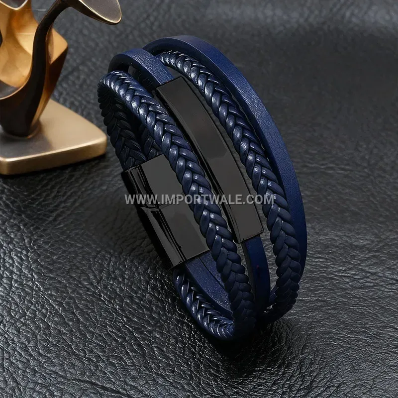 Sleek Engravable Leather Coded Wristband Metallic Buckle Bracelet