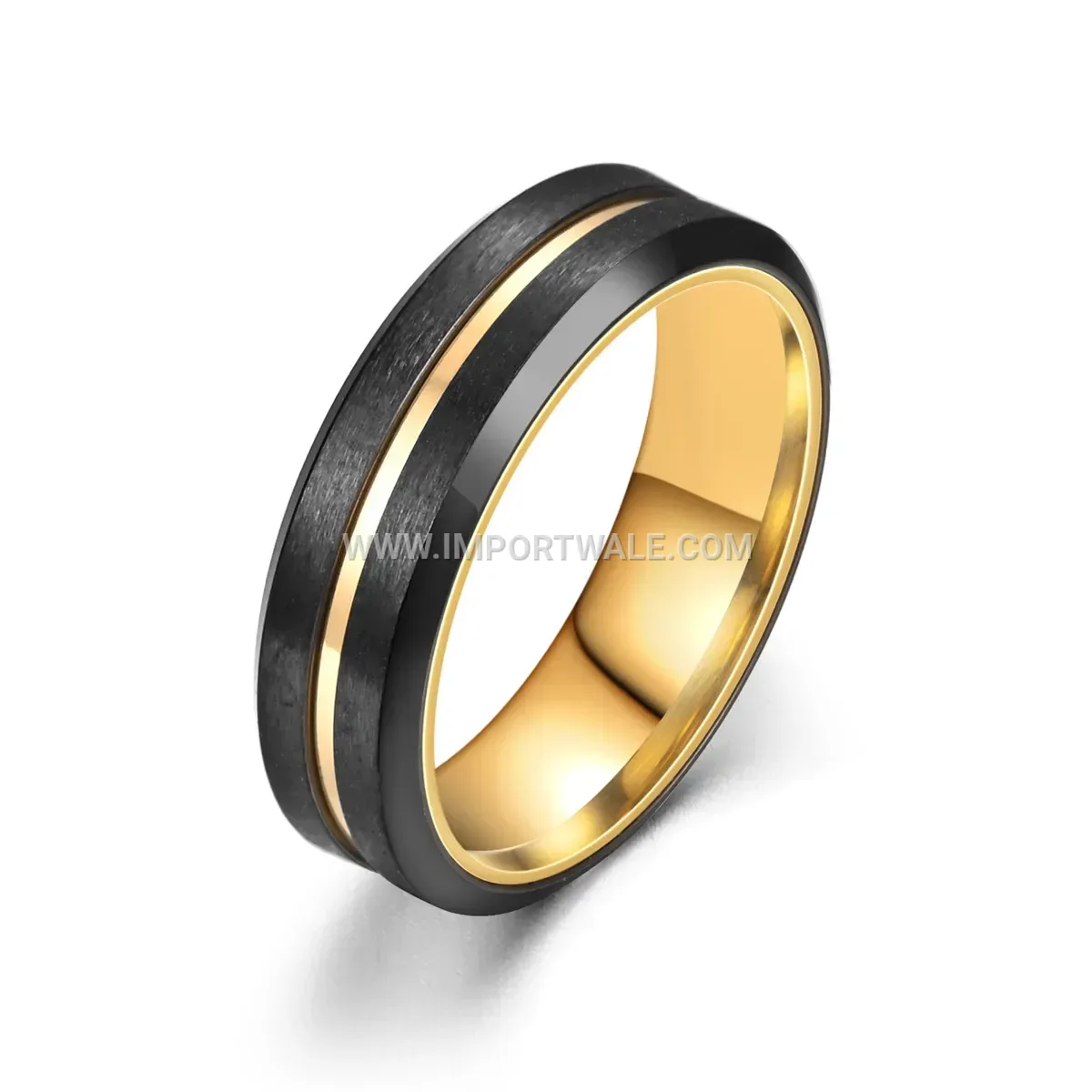 Two Tone Beveled Edge Black Stainless Steel Band Ring