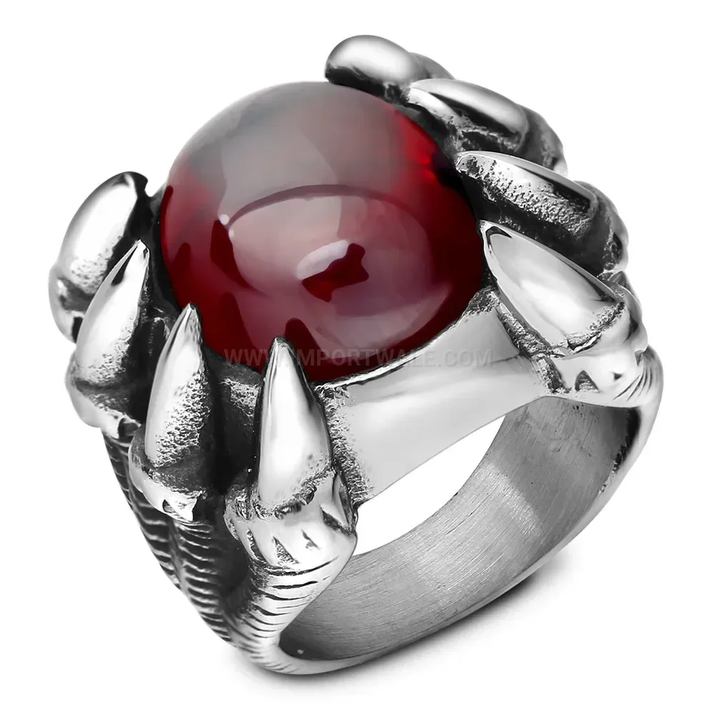 Bold Gothic Claw Titanium Steel Ring Set with Red Gemstone
