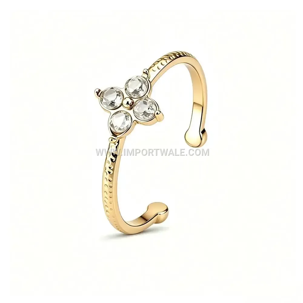 Hammered Textured Stainless Steel Open Floral Cocktail Ring With Zircon