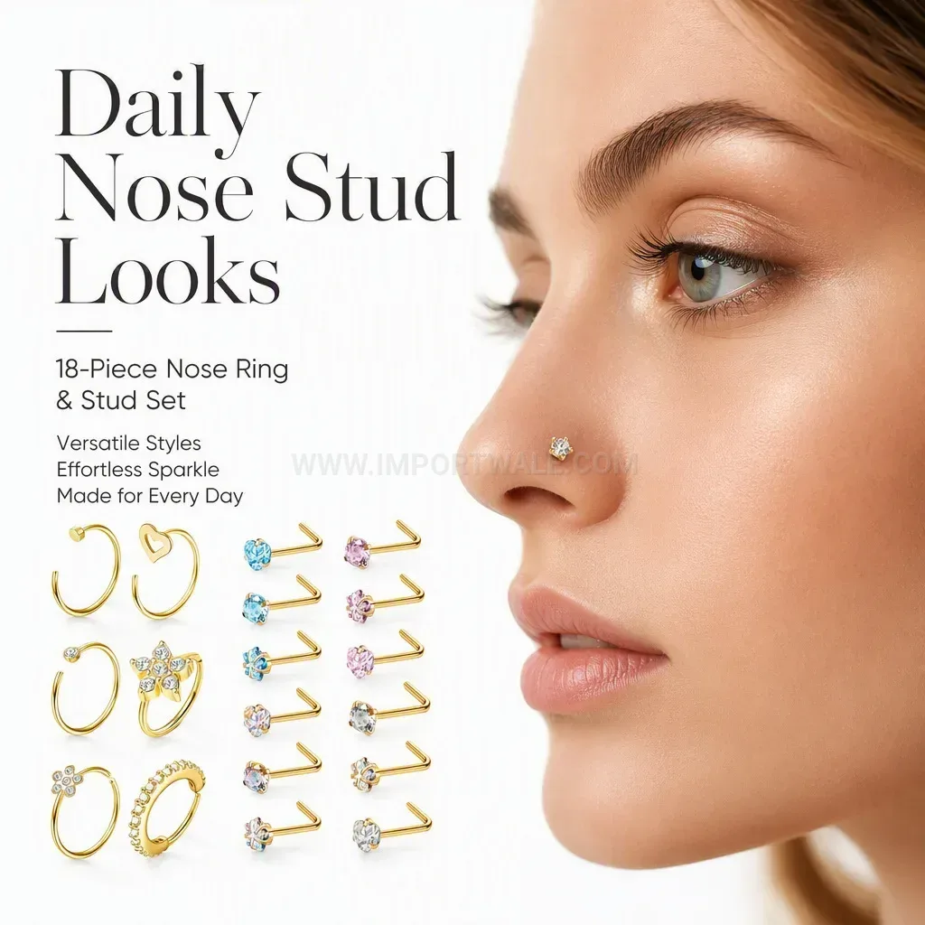 Stylish Stainless Steel L Shaped Nose Stud and Hoop Body Piercing Set