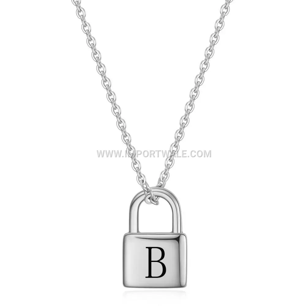 Engraved Initial Padlock Stainless Steel Pendant Necklace