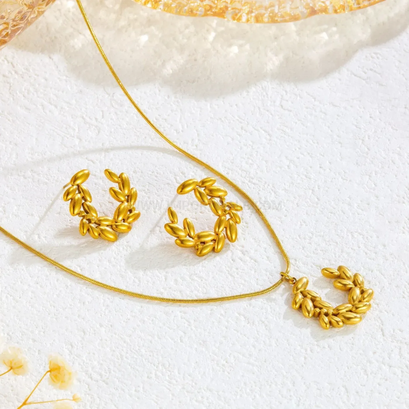Bold Titanium Steel Wheat Ear Pendant Necklace and Earrings Set