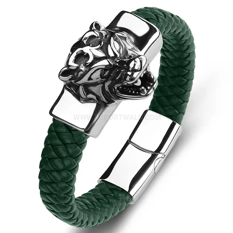 Elegant Fierce Wolf Motif Leather Stainless Steel Men Bracelet