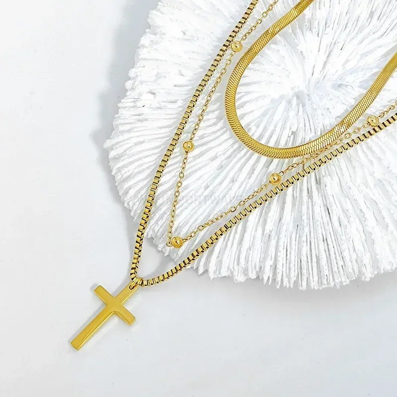 Designer Multi Layer Titanium Steel Cross Pendant Chain Necklace
