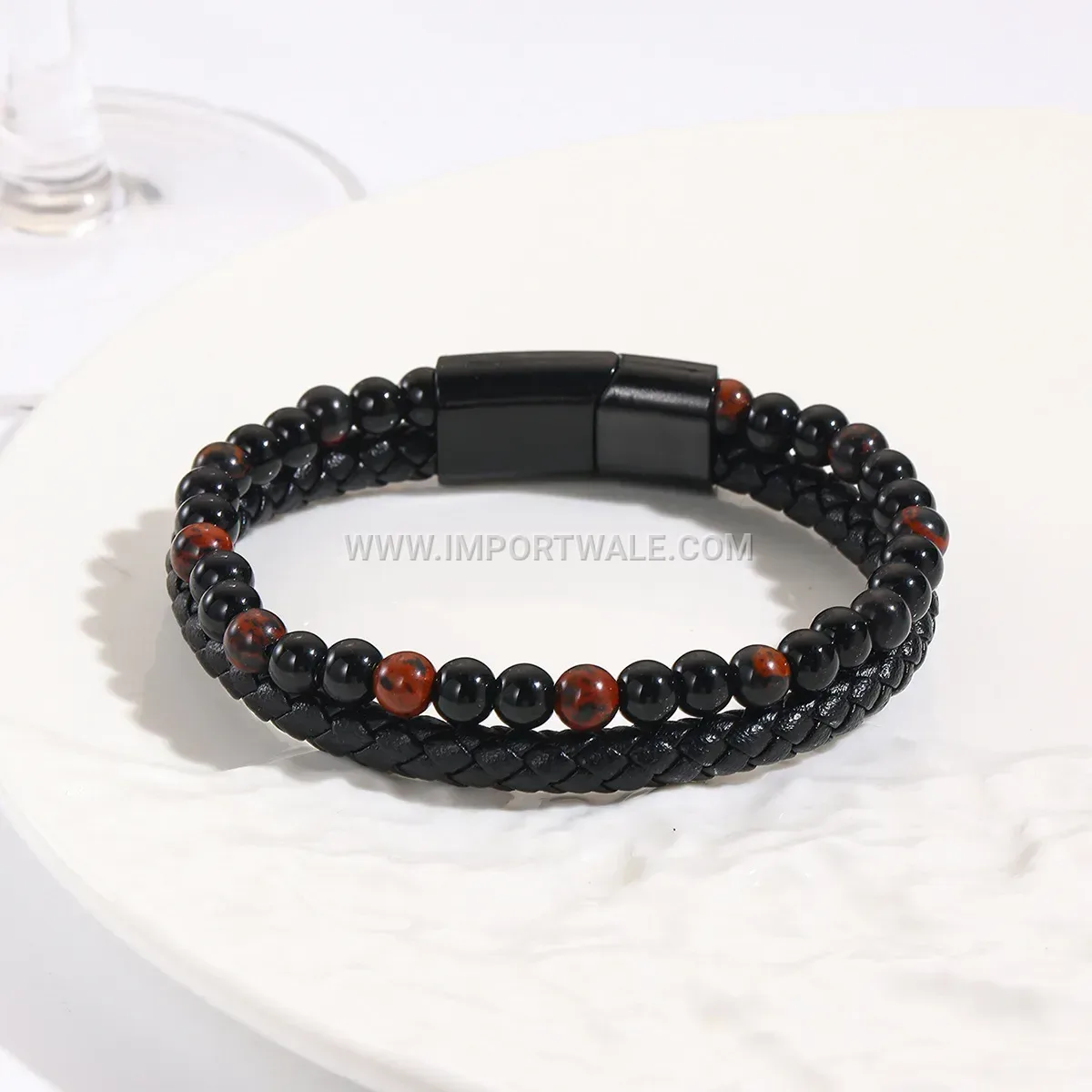 Braided Leather and Natural Stone Bead Men's Cuff Bracelet